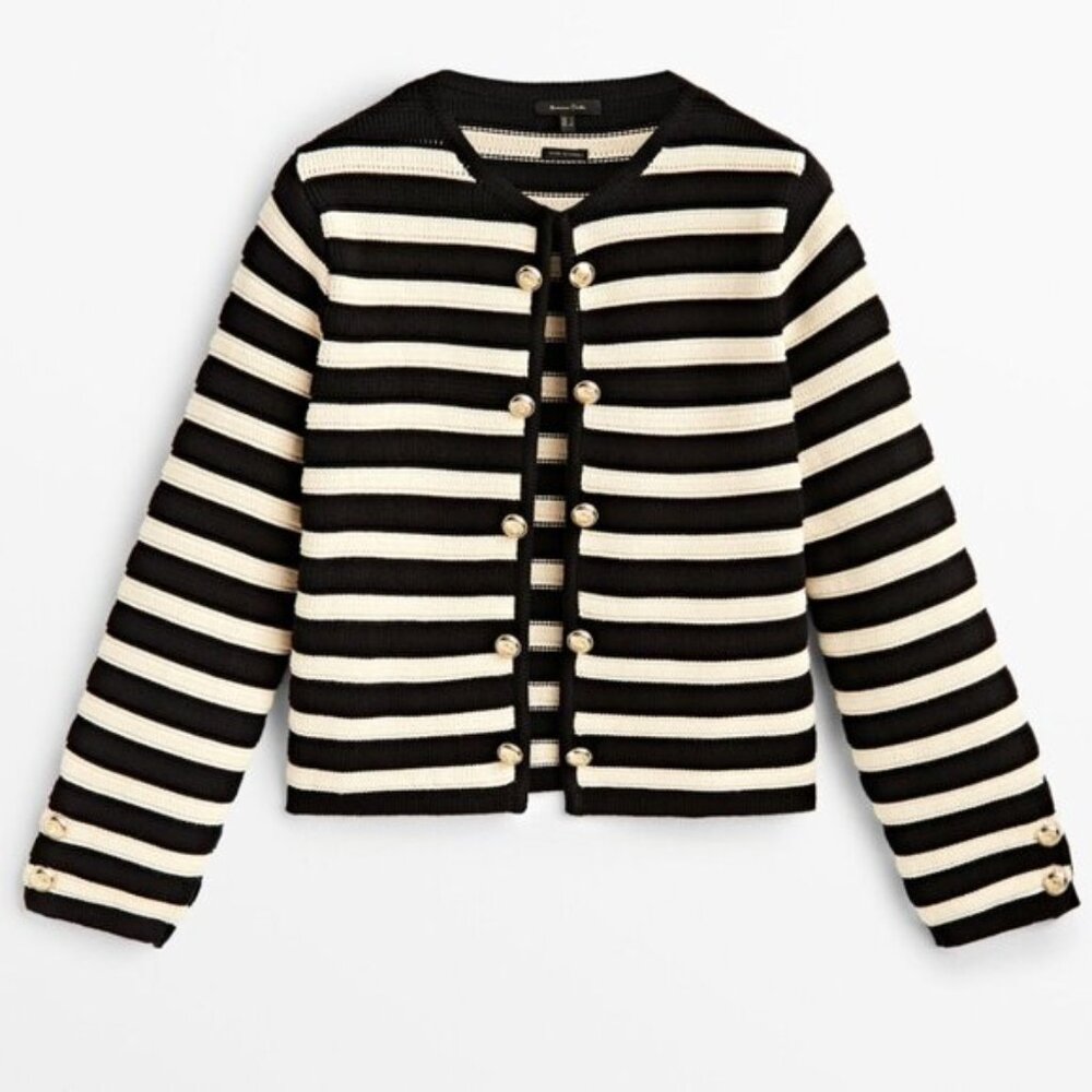 Massimo Dutti Cream and Black Stripes Cardigan Sweater With Double Buttons